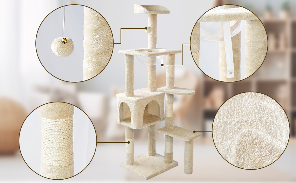 Когтеточка для котів Vounot XXL 215см, багатоярусна, з гамаком та корзиною, стабільна, сіра (бежева XL)