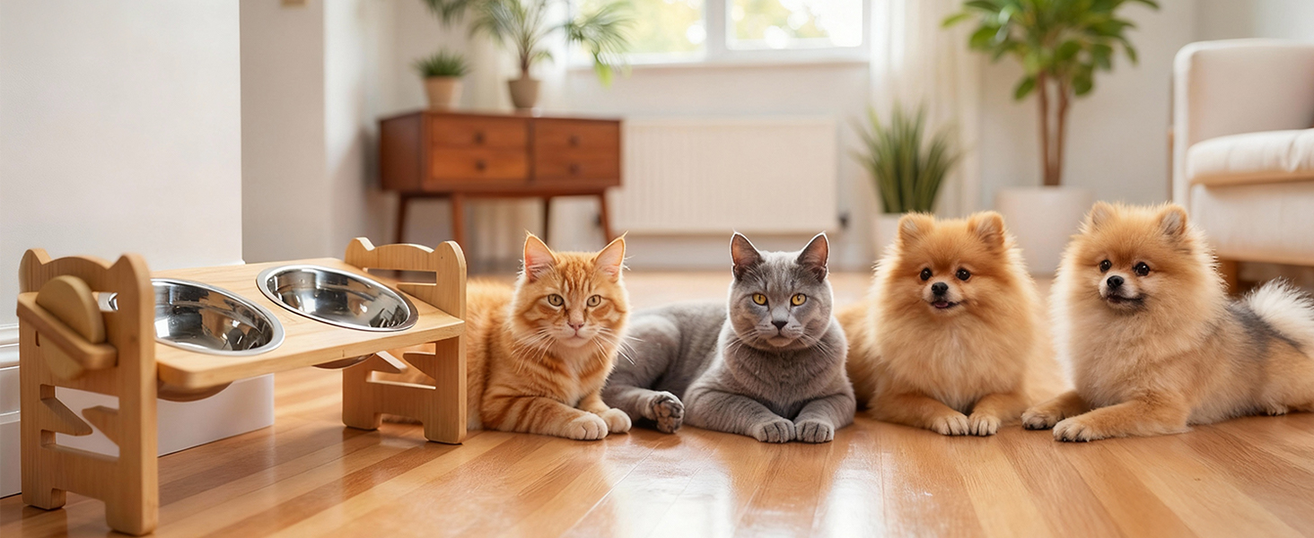 Підвищена годівниця для собак RLAVBL з бамбука, регульована, для повільного годування, з 2 нержавіючими мисками, антиковзаючі підкладки, для собак та котів