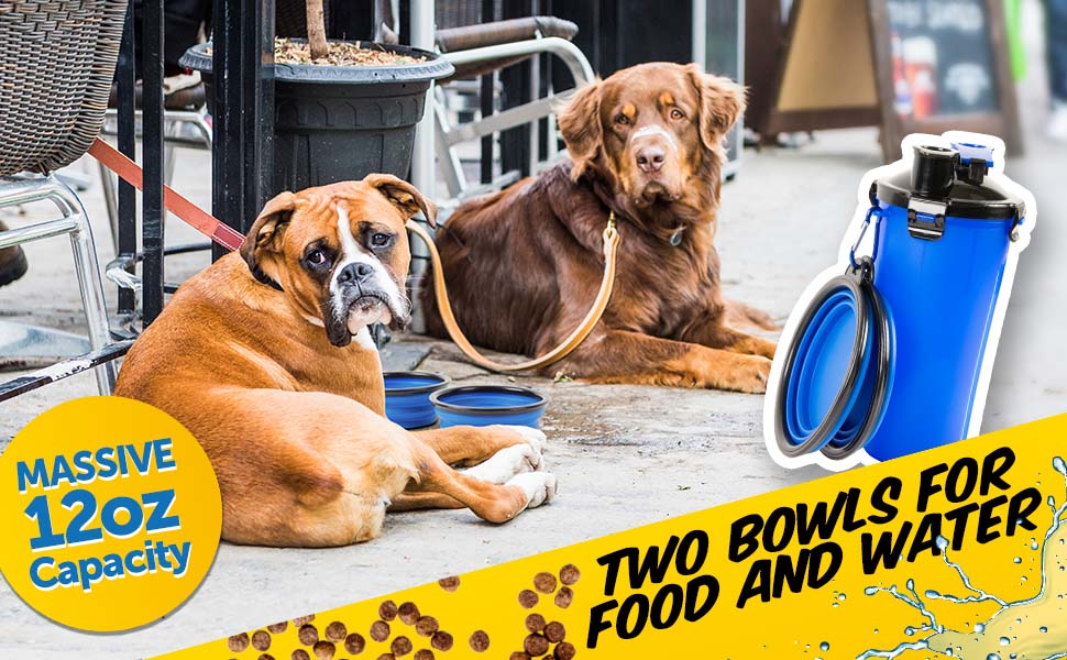 Водяна пляшка для собак PawPride 2-в-1 з двома мисками, вилкауф-система, для прогулянок, подорожей, кемпінгу та хатнього використання