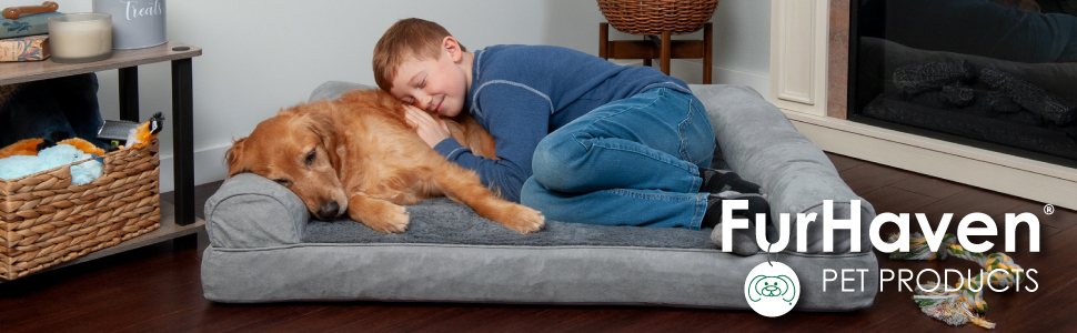 Ліжко для собак середнє Furhaven з ортопедичним матрацом Memory Foam, диванний стиль, плюш, знімний і праний чохол, Diamond Brown