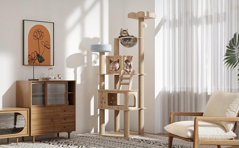 Дерев'яна кігтеточка Mondeer для кімнат з двома будиночками для котів, контейнером для наповнювача, прозорою капсулою, знімними плюшевими подушками, розмір 60x50x184 см, дуб