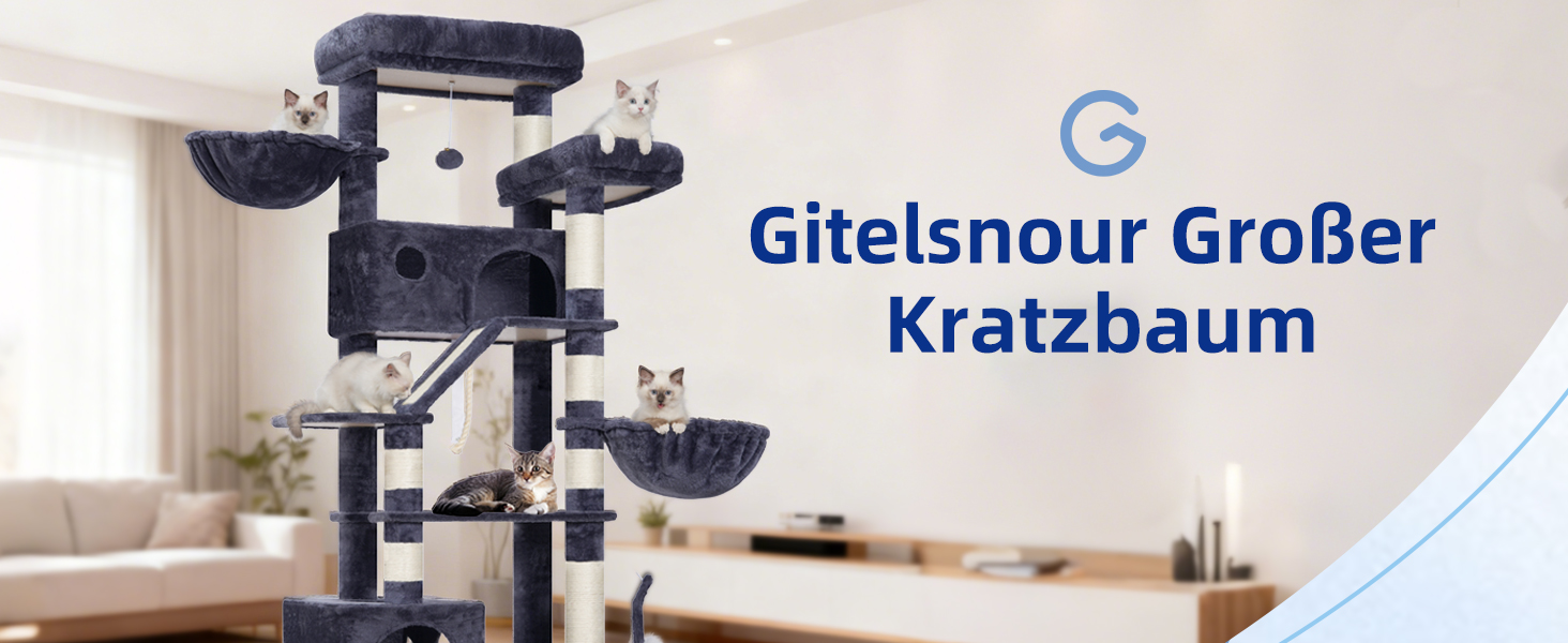 Великий котячий будиночок Kratzbaum: стабільний, 200 см, з платформами, гамаком та сизалевими стовпчиками (GCT031W, сірий)