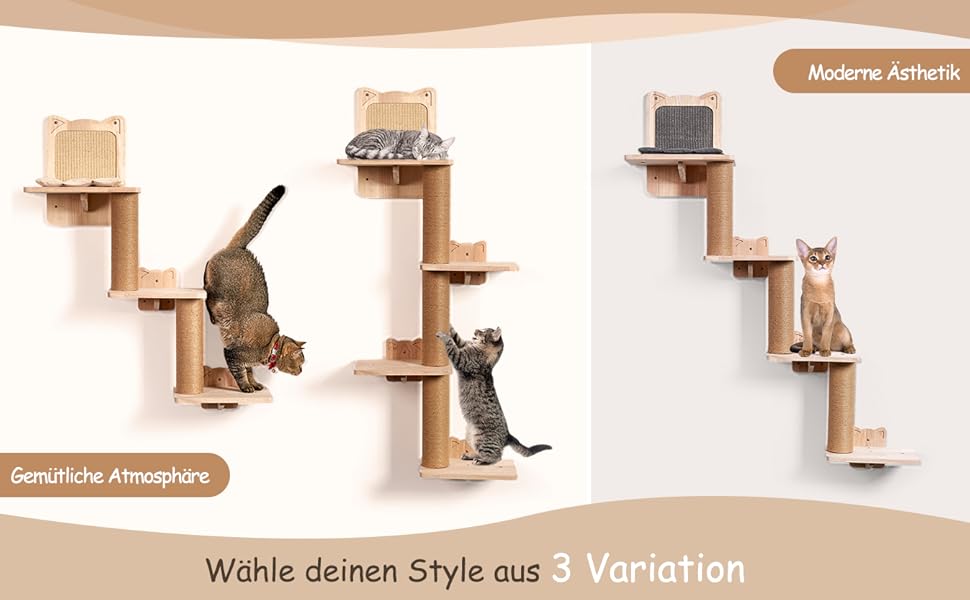 Котячий комплекс на стіну LitaiL Wandkratzbaum: 4 яруси, 110 см, еко-дерево, сірий колір