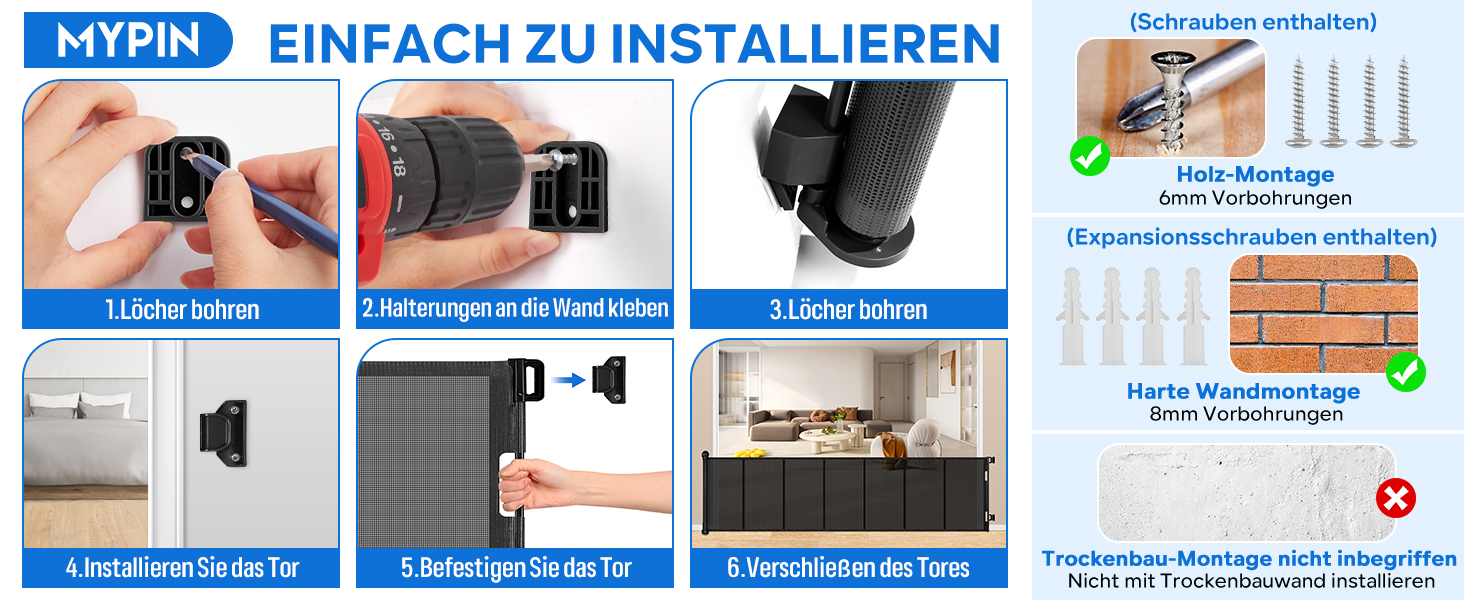 Захист для дверей MYPIN, висувний, 0-140 см - сітка для собак, дітей, для дому та вулиці, чорний