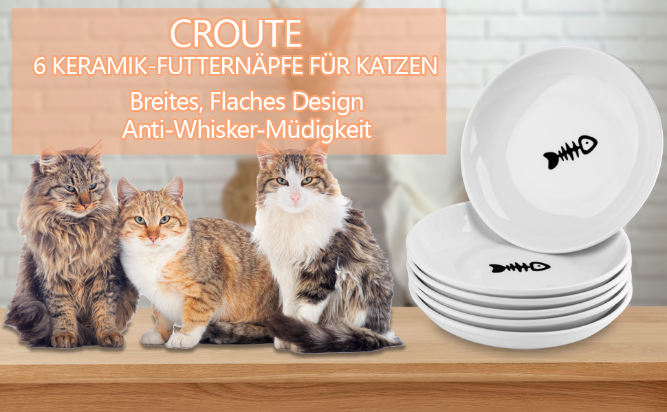 Набір мисок для котів CROUTE (6 шт.) - керамічні, плоскі, анти-високочування, білий (візерунок 'Рибка')