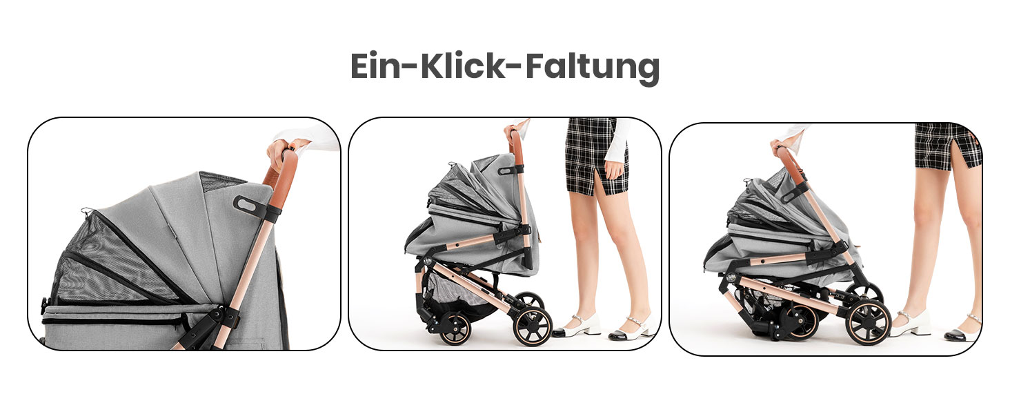 Складаний візок для домашніх тварин для собак та котів, сірий, 70x50x103 см, вантажопідйомність 15 кг, поворотні передні колеса на 360°, складання в один клік, гальмо, страхувальні кліпси, знімне м'яке сидіння