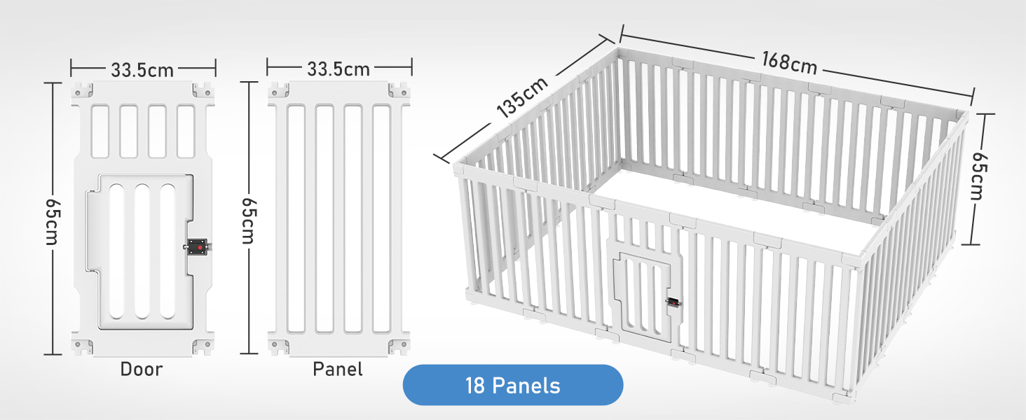 Клітка для цуценят FASRIOU Indoor 65 см, пластикове огородження для собак з антиковзкими присосками, вольєр для маленьких собак, 18 панелей (168 x 135 x 65 см), з окремими секціями