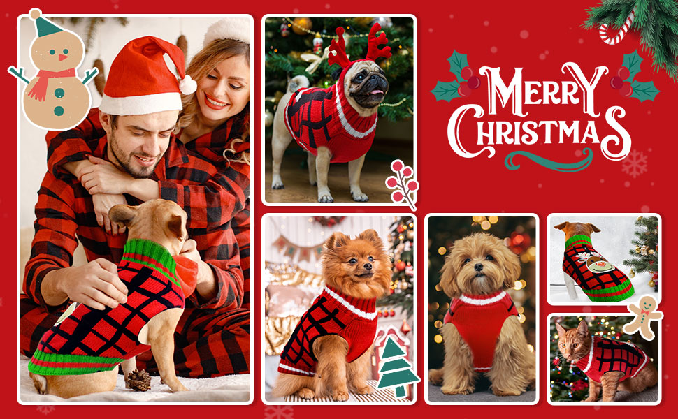 Теплий святковий пуловер для собак з отвором для шлейки, червоний в клітинку, олень. Підходить для малих, середніх та великих собак, котів. Ідеальний для осені та зими.