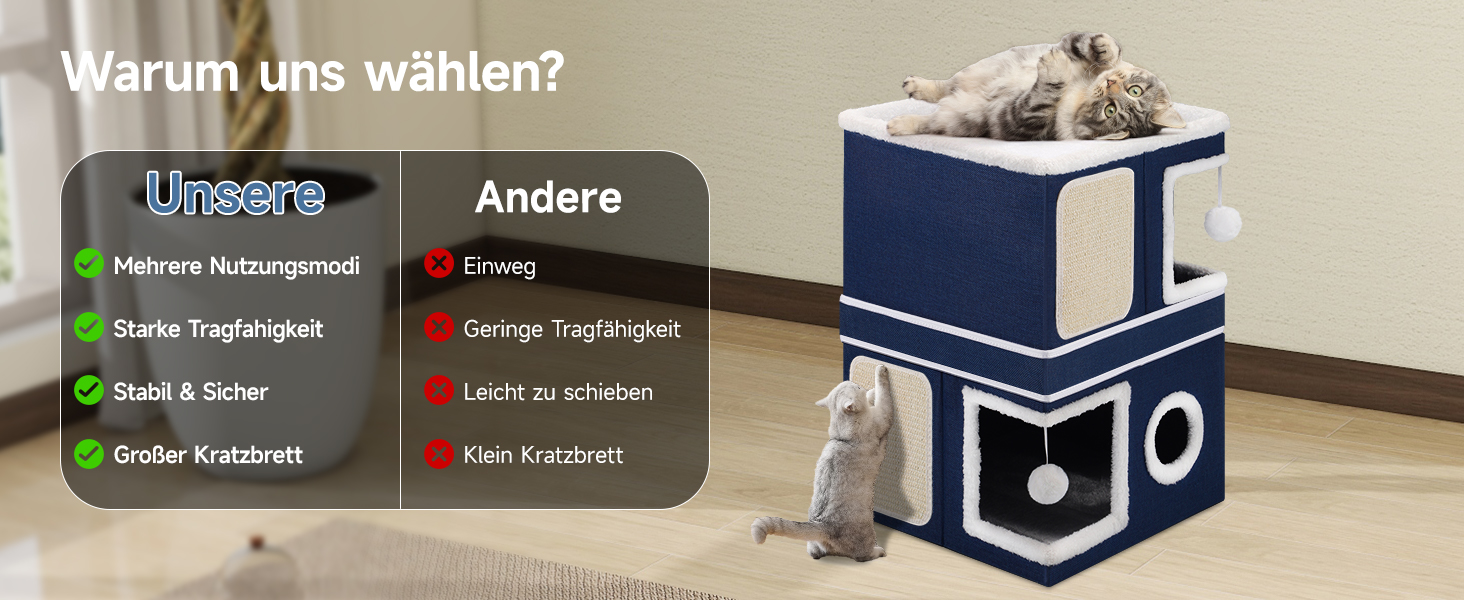 Кітчине гніздо Shikha, великий будиночок для котів, 3-ярусний куб для котів з дряпалкою та іграшкою, 61x45x32 см, блакитний