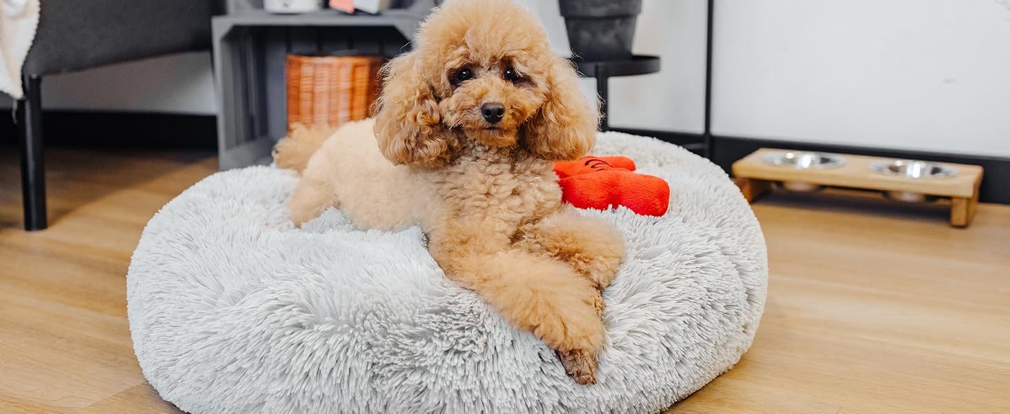 Кругле ліжко для собак та котів, діаметр 60 см, сірого кольору, м'яке, пухнасте, кошик для собак маленьких та середніх порід