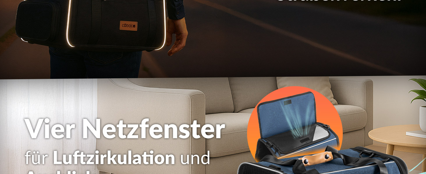 Транспортна переноска для котів CADOCA® до 20 кг, складна, з сонцезахисним дахом, ременем на плече, мискою, дихаюча, комфортна, з обертовим матрацом. Підходить для котів, собак, авто, чорного кольору.