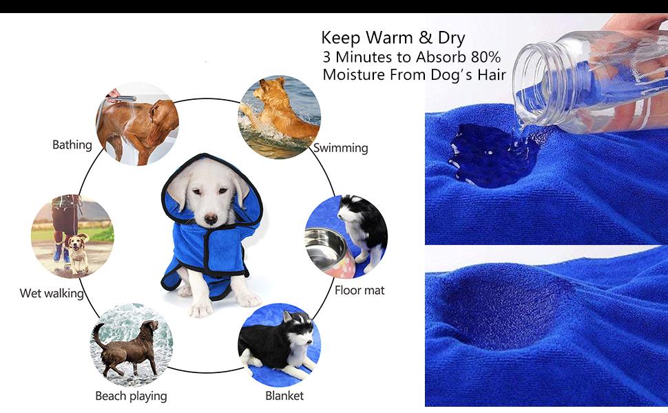 Рушник для собак Petcute: м'який, швидковисихаючий, з мікрофібри, супер-поглинаючий, комфортний, з регульованими бретелями, для собак та котів (XS, блакитний)