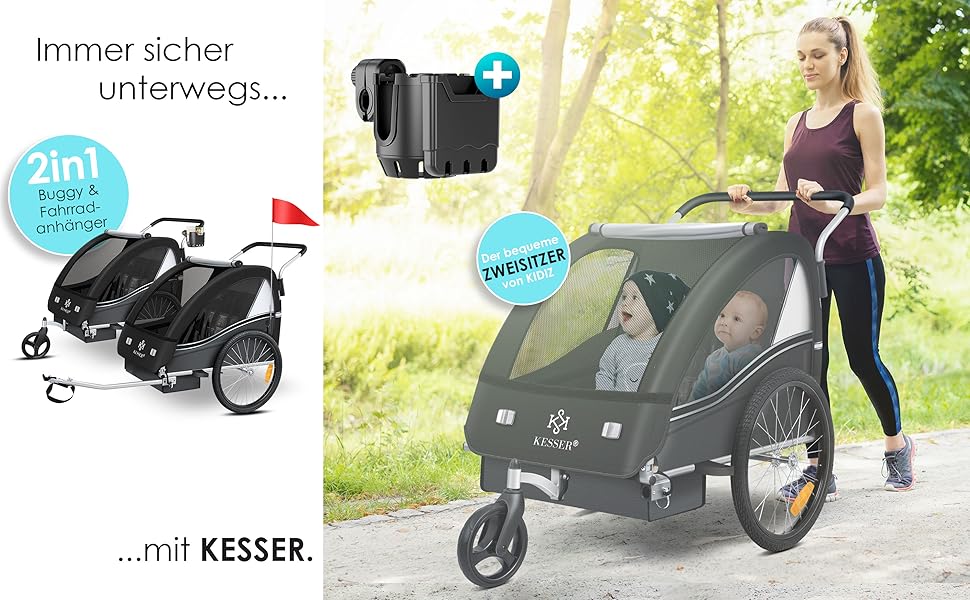 Дитячий велопричіп KESSER Sport-RX 2в1 (вело-та прогулянка) для 1-2 дітей, до 40 кг, з рефлекторами та триточковим ременем безпеки, чорний