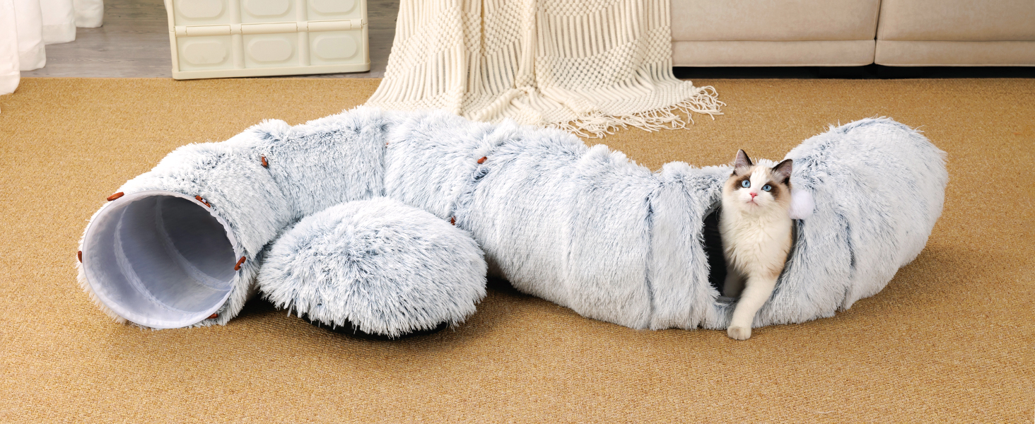 Туннель для котів FURRYPAWS XXL 3-в-1 – 160 см, ліжко, регульований, дихаючий, металевий каркас, складаний, для великих котів та дрібних тварин, сірий