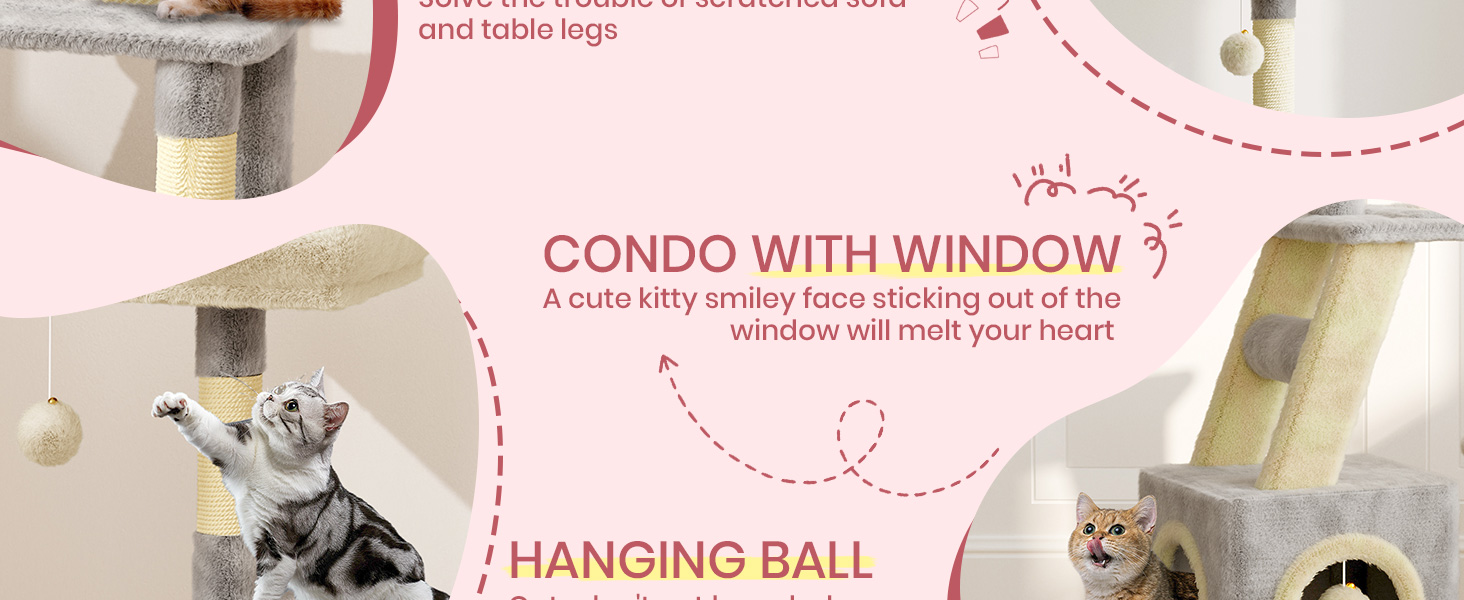 Клітка-когтеточка для котів Dogat 107 см, багатоярусна з когтеточкою, лежаком, будиночком та ігровим м'ячиком (сіра/бежева)