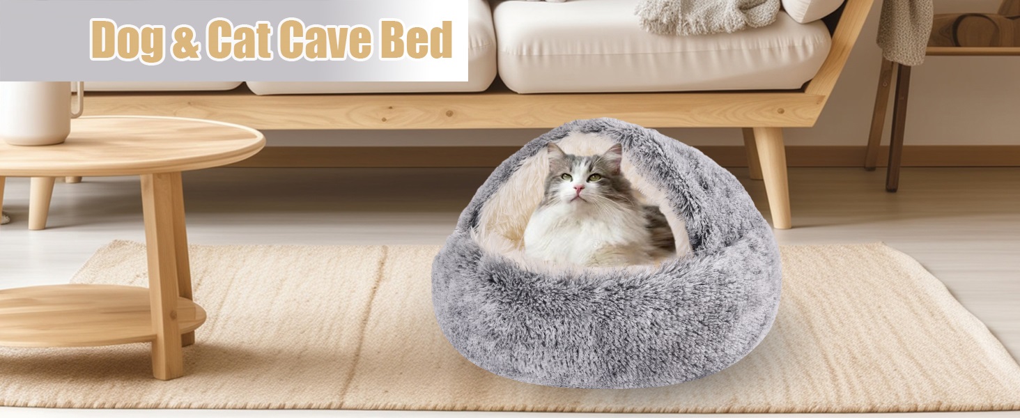 Кругла лежанка-будиночок для котів та собак, м'який плюш, з капюшоном, 60x60 см, колір кавовий