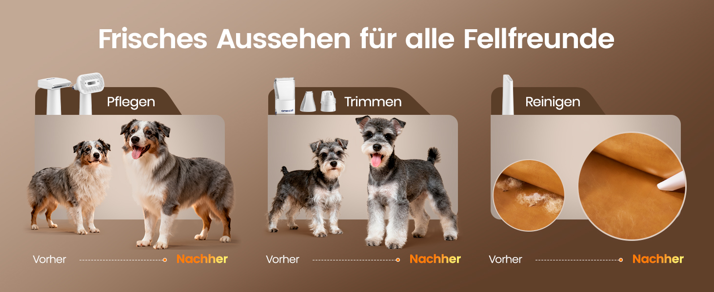 Машинка для стрижки собак Oneisall з пилососом, 15000 Па, видаляє 99.99% шерсті, тиха, 6 насадок для догляду за тваринами