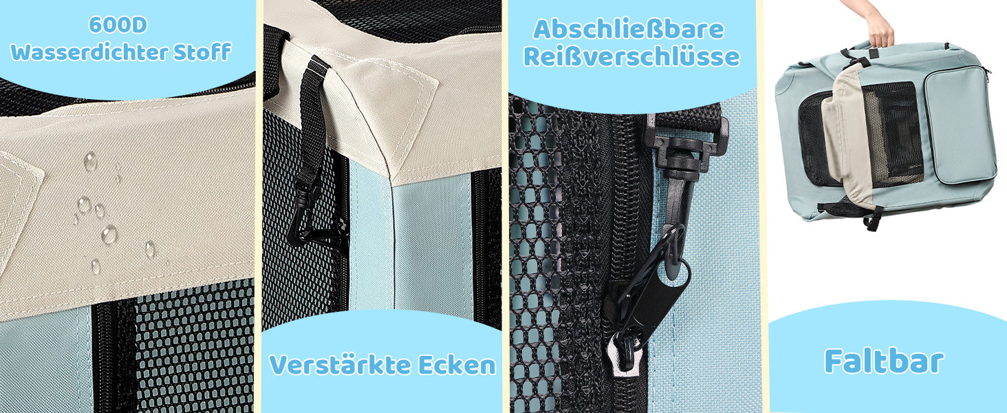 Транспортна переноска для собак та котів XL, 81x58x58 см, складана, з мисками, блакитна