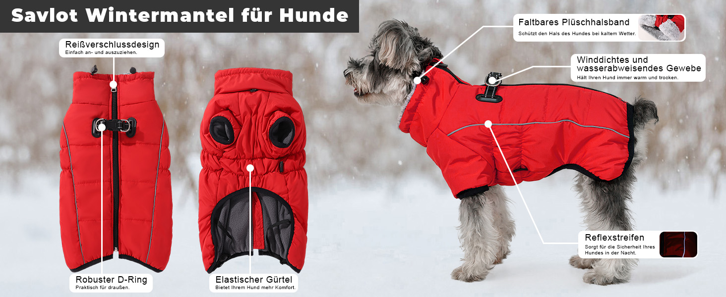 Теплий зимовий одяг для собак Savlot: водонепроникна куртка з підкладкою з флісу для малих, середніх та великих собак (3XL, червоний)
