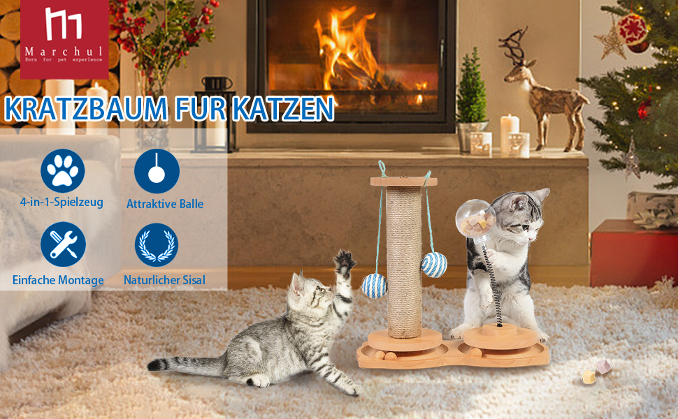 Інтерактивна іграшка для котів Marchul 4-в-1: когтеточка з сизалю, іграшкові м'ячики, куля-дозатор для ласощів. Підходить для кошенят та дорослих котів.