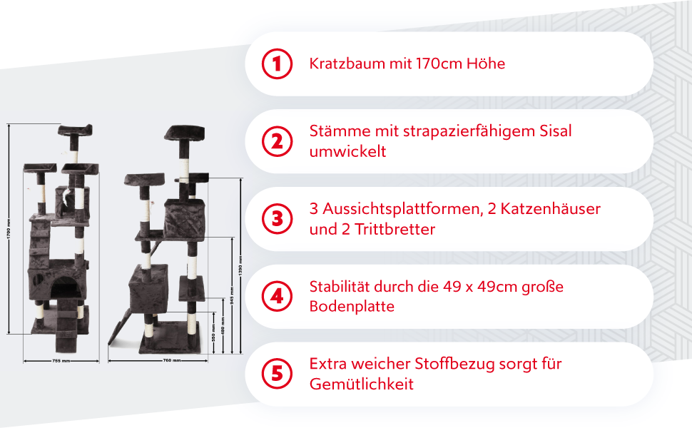 Кігтеточка Wiltec 170см, Сизаль, Платформи, сірий