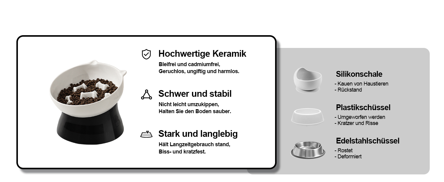 Антислизька годівниця для котів з кераміки, піднята - годівниця-лабіринт для повільного годування, нахилена проти блювоти, чорно-біла