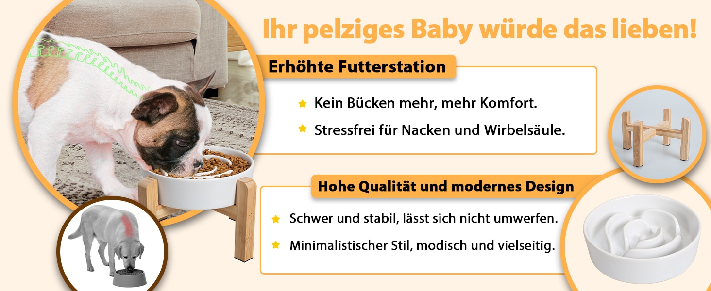 Миска для собак антиблік з кераміки, піднята - миска для собак на бамбуковому антиковзному підставці, миска для повільного годування, для собак маленьких та середніх порід, біла, діаметр 17 см, 1.25 CUP