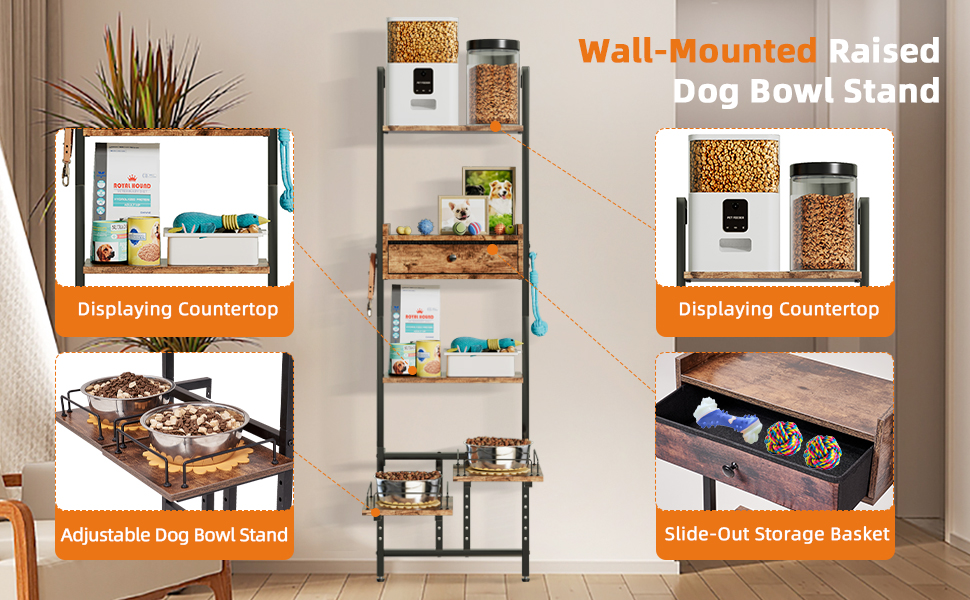 Підвищена годівниця для собак LitaiL з місцем для зберігання та двома антиковзними килимками, для великих собак, регульована висота, кріплення на стіну, колір вінтажний коричневий