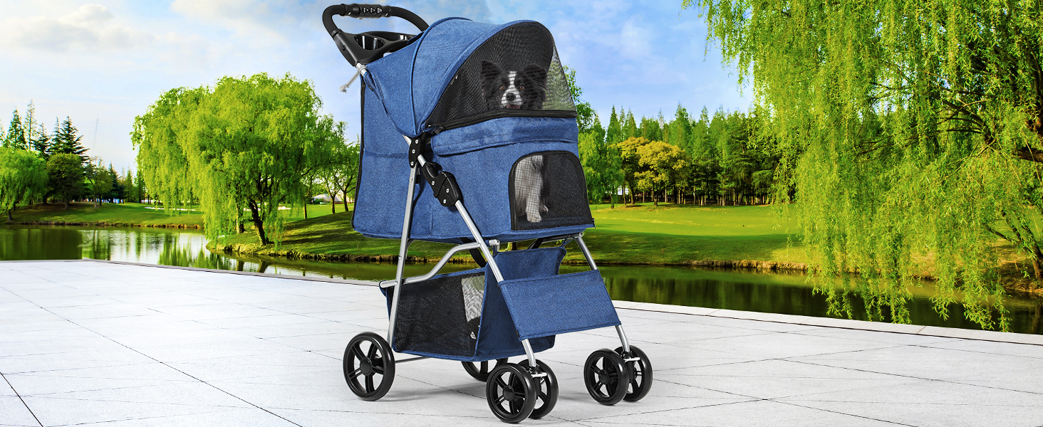 Візок для собак та котів YITAHOME, до 15 кг, з сітчастими віконцями, тримачем для напоїв та кошиком (Блакитний)