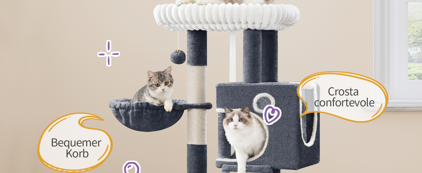 Дерево для котів Hzuaneri, 98 см: стійка конструкція, велика платформа, іграшкові м'ячики, печери, стовпчики для дряпання, дощечка для дряпання, темно-сірий MS10118SG