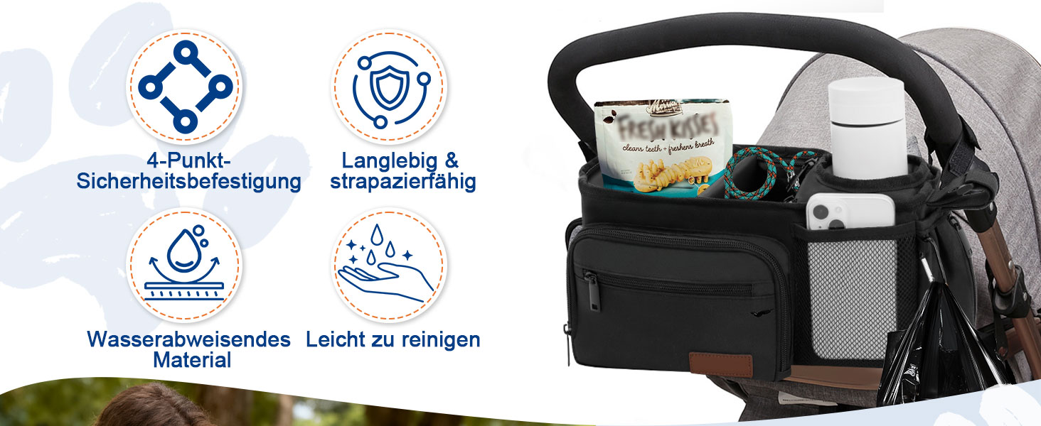 Органайзер для дитячої коляски та собак, сумка-органайзер для аксесуарів для собак з дозатором пакетів для екскрементів, кишенькою для ласощів та тримачем для чашки, сумісний з ручками 35–48 см, подарунок для любителів тварин, чорний