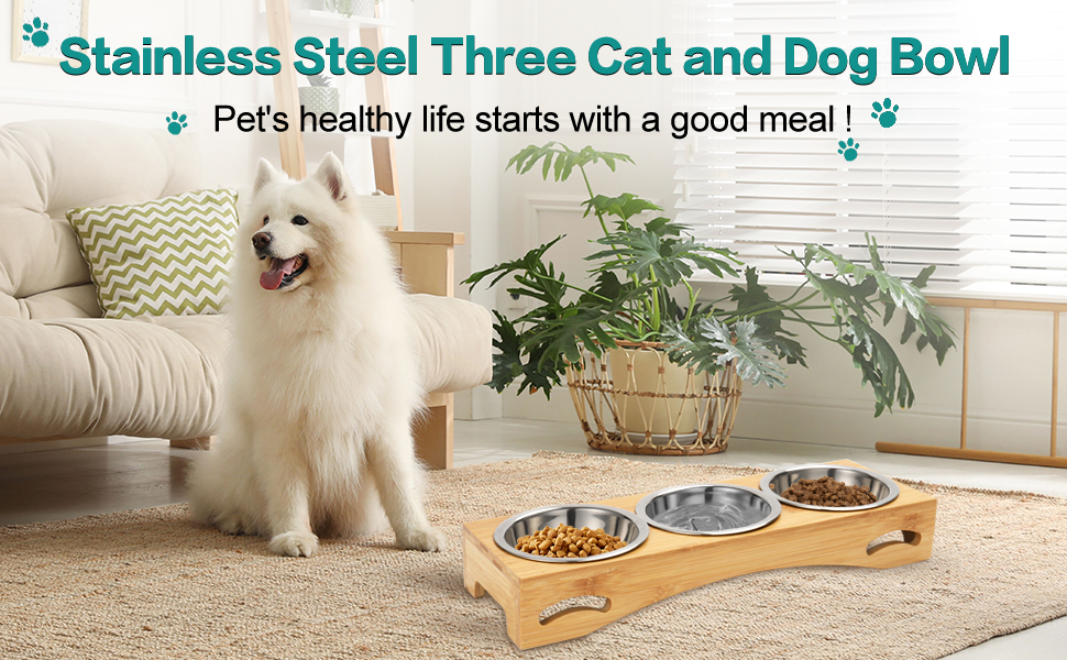 Набір мисок для котів та собак 3 шт. з підставкою з бамбука, підняті миски, нержавіюча сталь