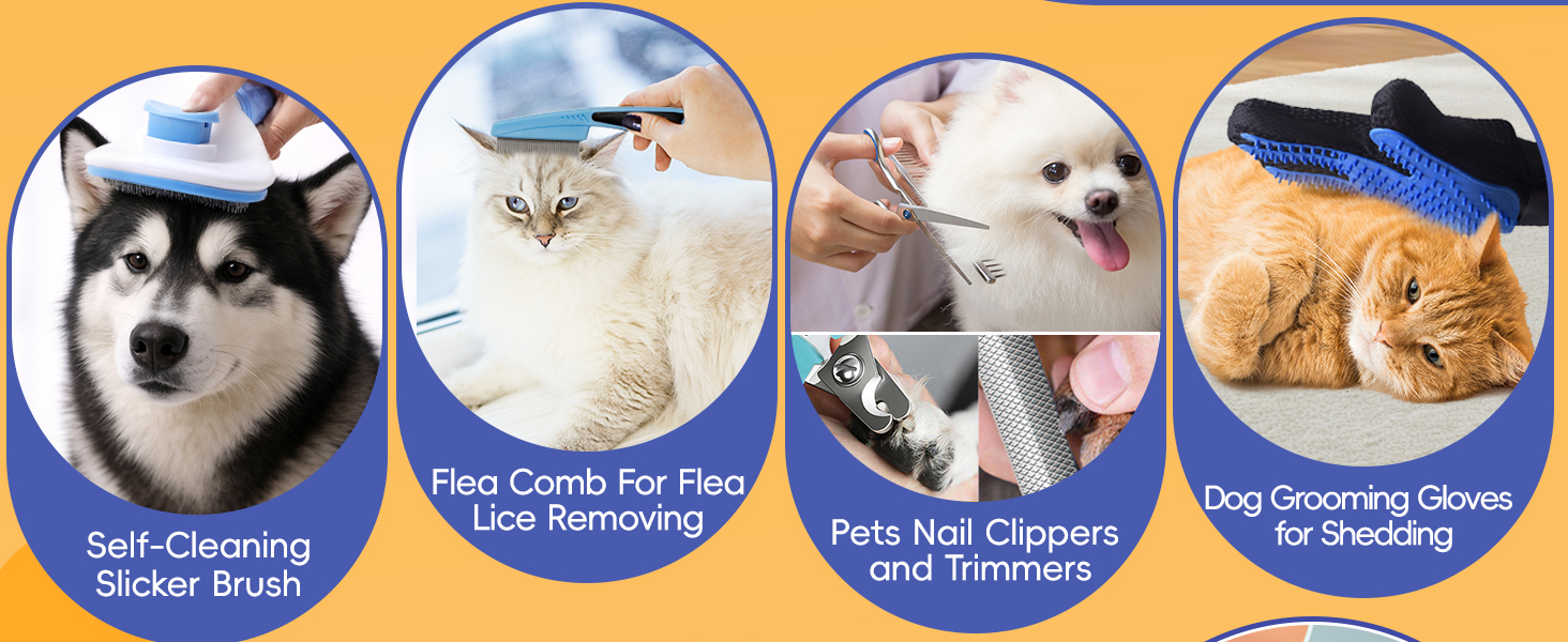 Набір для догляду за собаками та котами 13 предметів: триммер для кігтів, пилка, гребінець для видалення ковтунів, щітка для миття та скребок для шампуню, аксесуари для догляду за шерстю