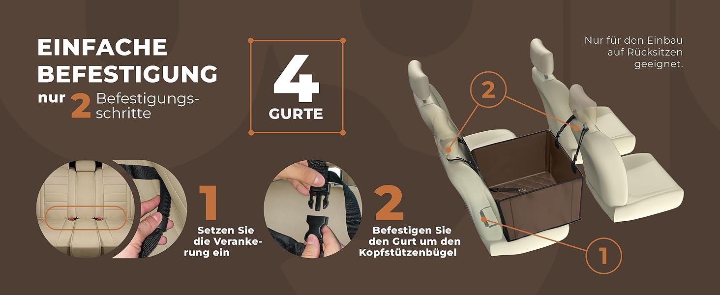 Автокрісло для собак WUGLO Extra Stable, коричневе, для собак середніх розмірів, з 4 ременями, водонепроникне