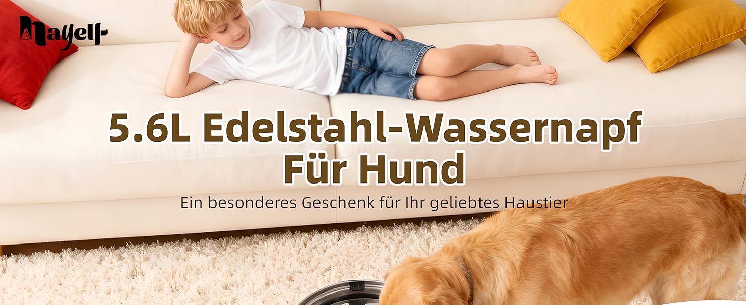 Нержавійна миска для собак великих і середніх порід 5.6л, проти протікання, для води, миска для собак, можна мити в посудомийній машині