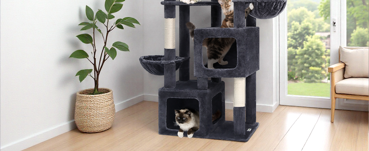 Драбина для котів Globlazer XXL (189 см) з великою печерею та платформами, 2 лежаками, 2 кошиками, стабільна конструкція, темно-сірий