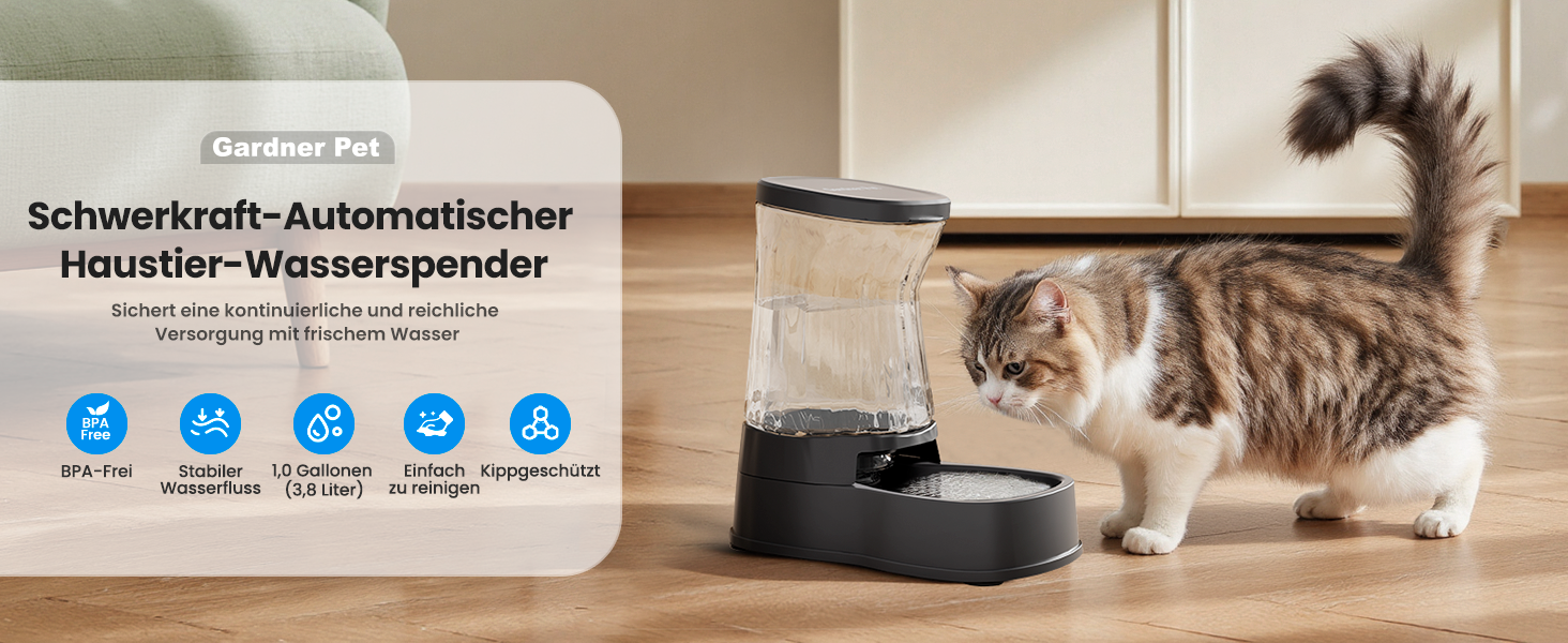 Автоматичний диспенсер води для котів та собак Gardner, 3.85L, без струму, BPA Free, гравітаційний, для середніх/великих тварин (чорний)