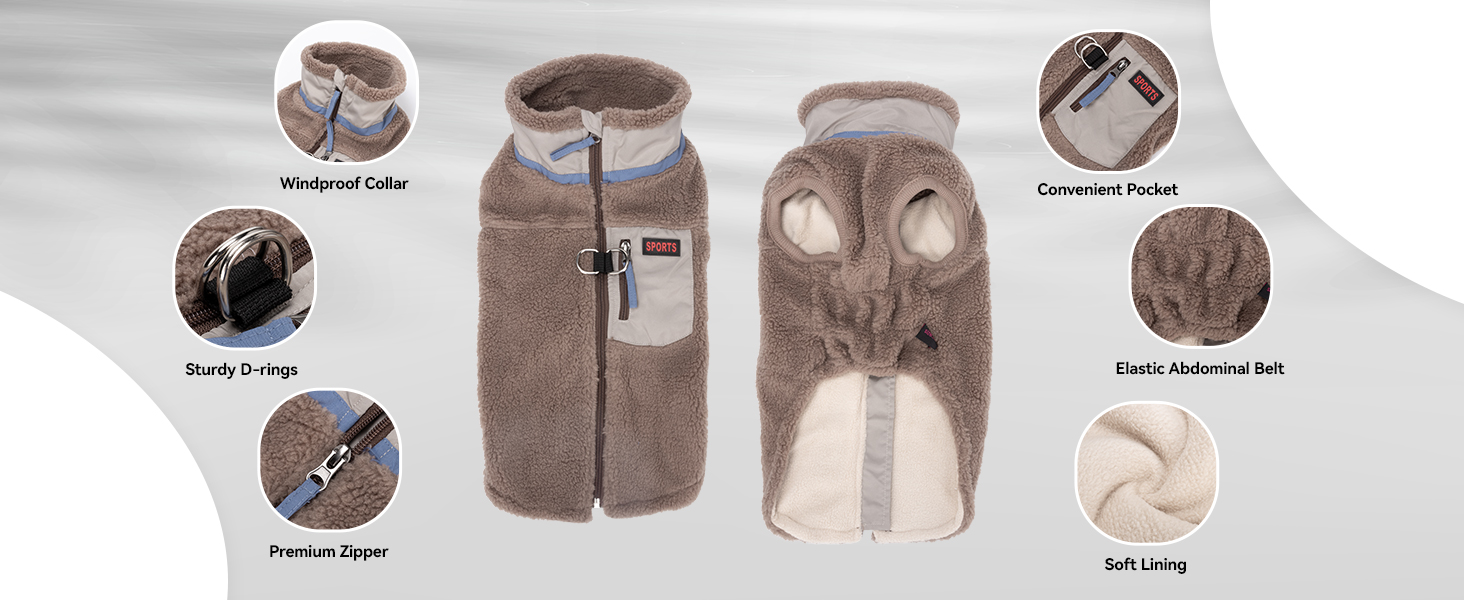 Теплий зимовий жилет для собак FeimaX з флісу, з D-початком, для малих та середніх собак, колір кава