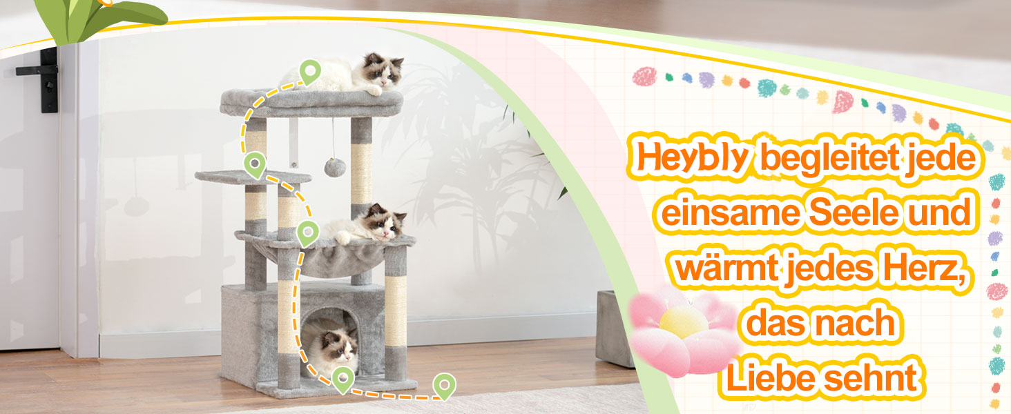 Котячий будиночок Heybly HCT008SW: міцний котячий будиночок з великим м'яким лежаком, місцем для сну та сизалевими стовпчиками для дряпання, сірий