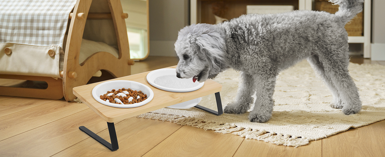 Набір мисок для котів PETTOM Anti-Schling з кераміки: піднята миска з нахилом 15°, бамбукова підставка, протиковзаюча, для вологого та сухого корму