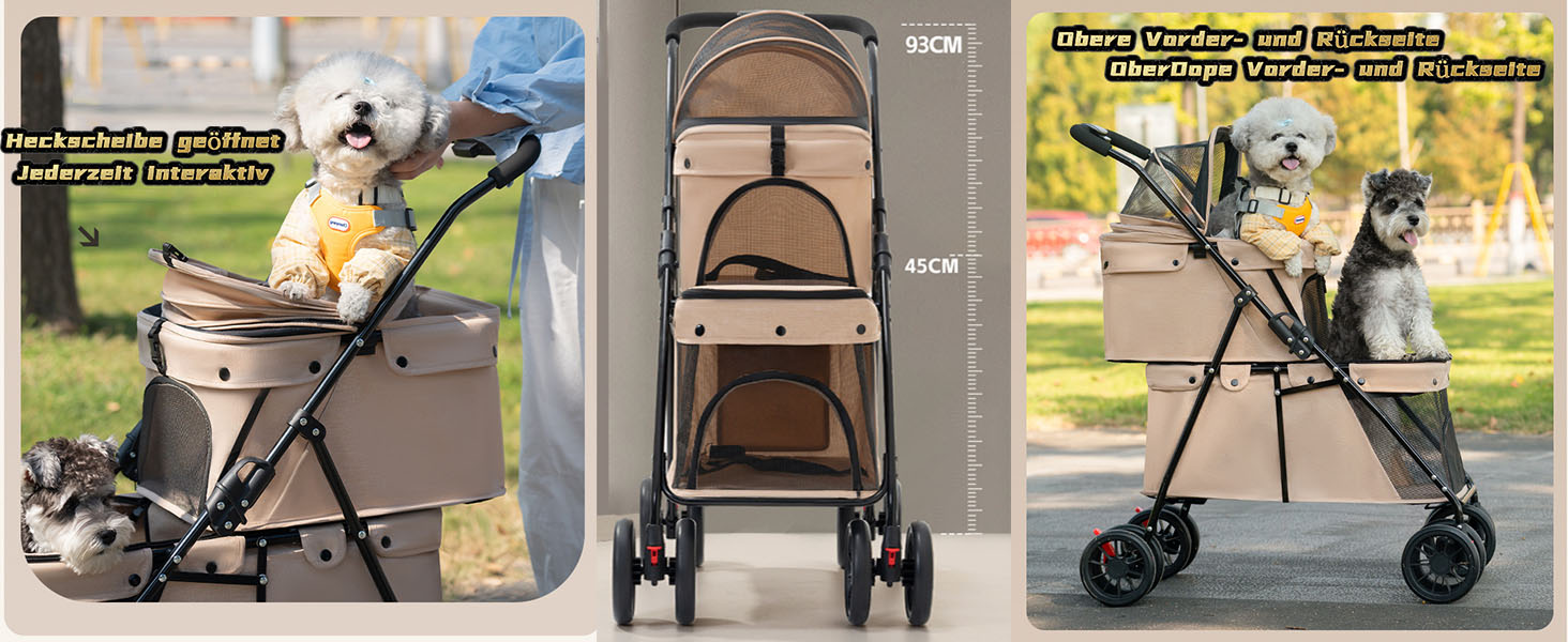Складаний візок для собак на 2 яруси, переноска для домашніх тварин до 24 кг, візок для собак з сітчастими віконцями, ремінь безпеки, 4 колеса, складаний візок для котів та маленьких собак (колір: коричневий)