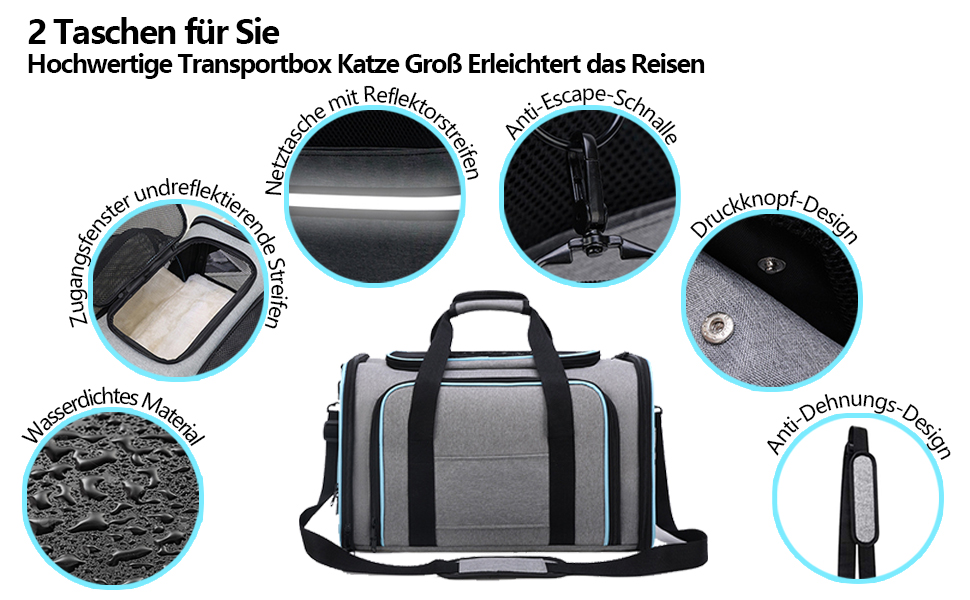 Транспортна переноска для котів та собак, велика, 46x28x29 см, розширювана, сіра. Підходить для котів, собак, цуценят, авіаперевезень.