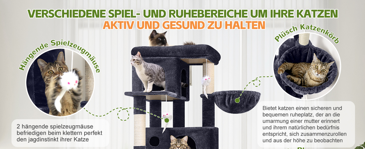 Драбина-кіготь Globlazer для котів, 168 см, з 3 будиночками, великою платформою, 5 стовпчиками з сизалю, кошиком та іграшками. Підходить для 3-4 дорослих котів (F66, темно-сірий)