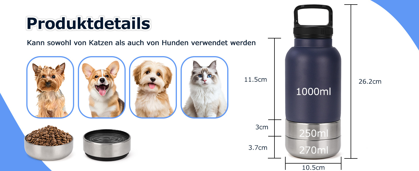 Фляга для собак на прогулянку 1000мл 3-в-1 з мисками для води та корму, ізольована сталева фляга для собак, темно-синій, 7 дюймів