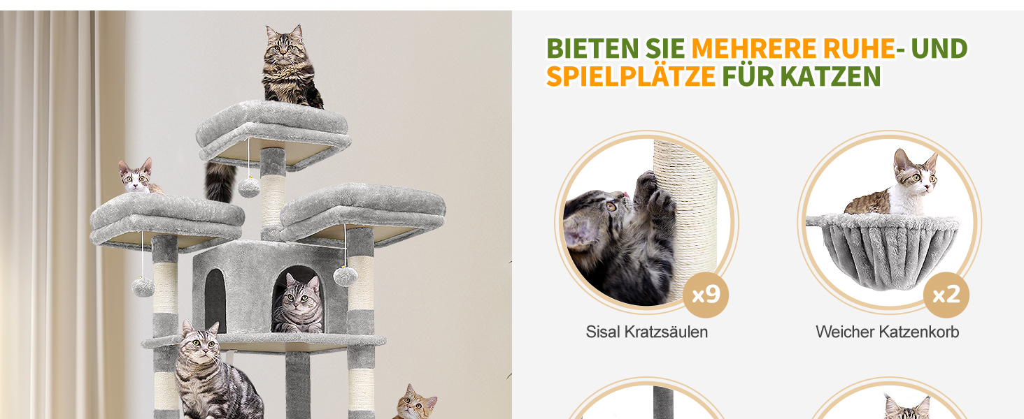 Кігтеточка Globlazer XXL 204 см: 3 стійкі сидіння, 2 будиночки, 2 корзини, гамак, для великих котів, сірий (F80)