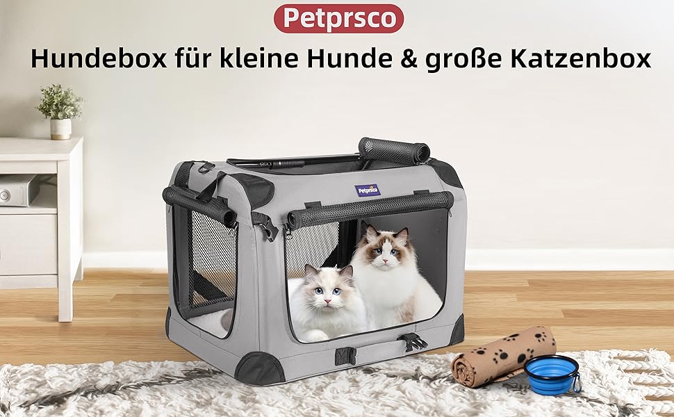 Транспортна переноска для котів та собак Petprsco, 60x42x42 см, сіра. Зігріваюча ковдра, складна миска та знімне покриття.