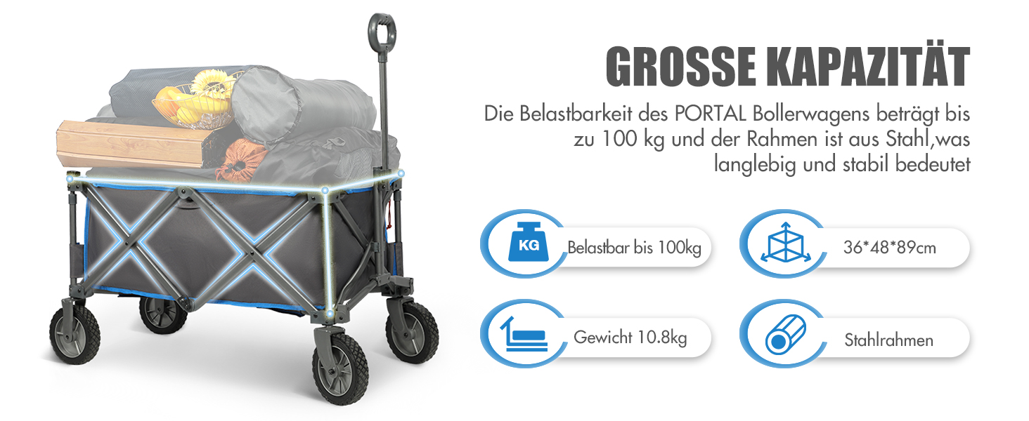 Складаний візок-тележка PORTAL знімний тканний дах, 100 кг, для кемпінгу, саду, пляжу, покупок, блакитний