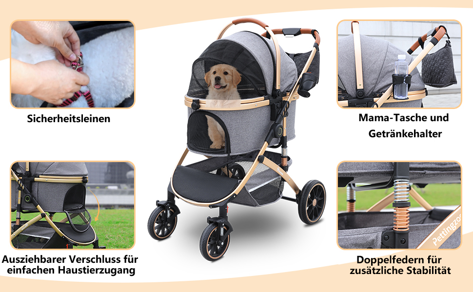 Візок для собак та котів на 4 колесах, до 30 кг, сірий, 3-в-1