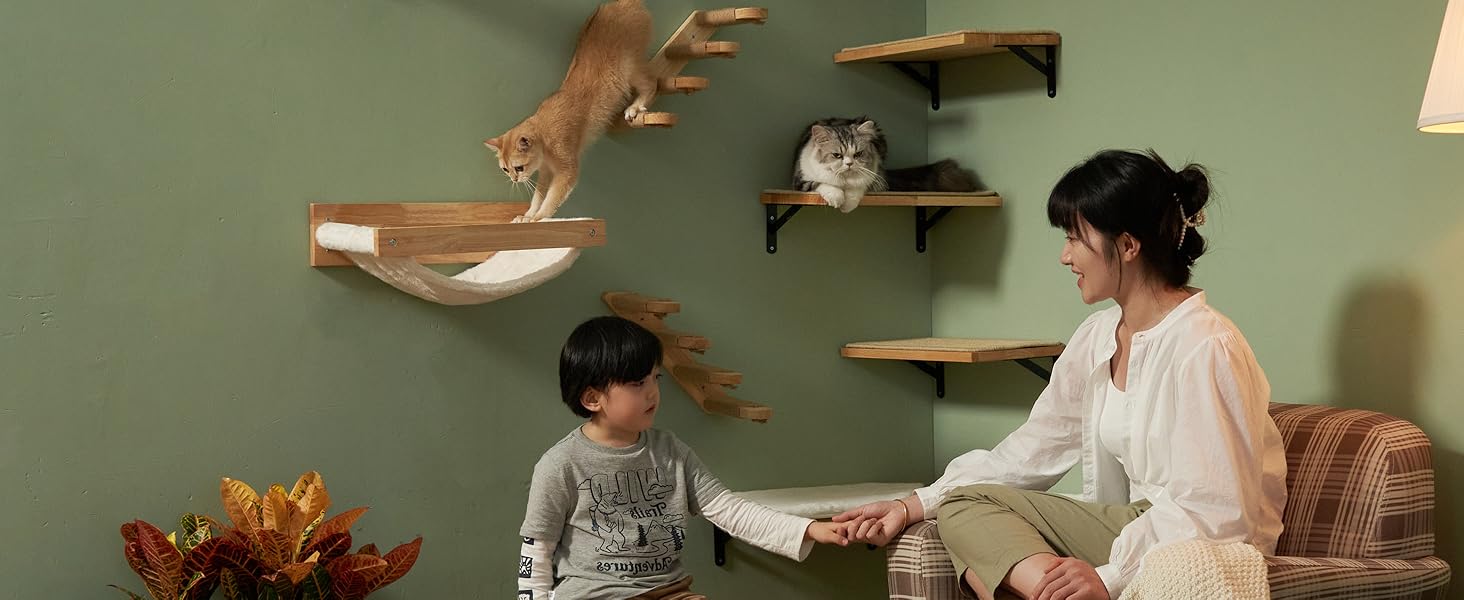 Кігтеточка-стінка для котів FUKUMARU, велике котяче ліжко на стіну, з масивного гумового дерева, біле фланелеве покриття, вантажопідйомність до 18 кг