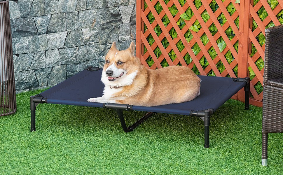 Підвищене ліжко для собак PawHut, охолоджуване, з переносною сумкою, металевий каркас, оксфордська тканина, висока щільність, 92 x 76 x 18 см, блакитне, L